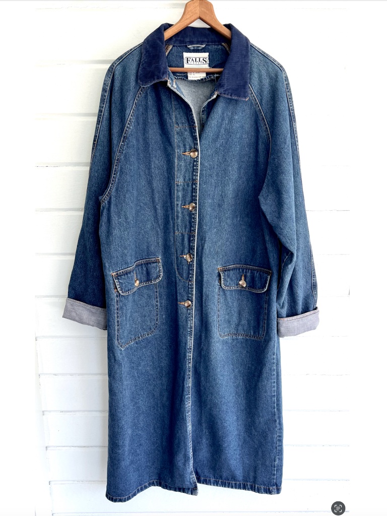 Vintage Denim Duster Long Coat With Corduroy Collar By Falls Creek - M